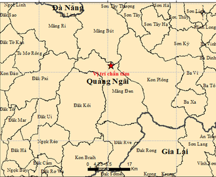 Động đất tại Quảng Ngãi xảy ra ở các xã Măng Ri, Măng Bút, Măng Đen, Kon Plông. (Ảnh: Viện Các khoa học Trái đất)