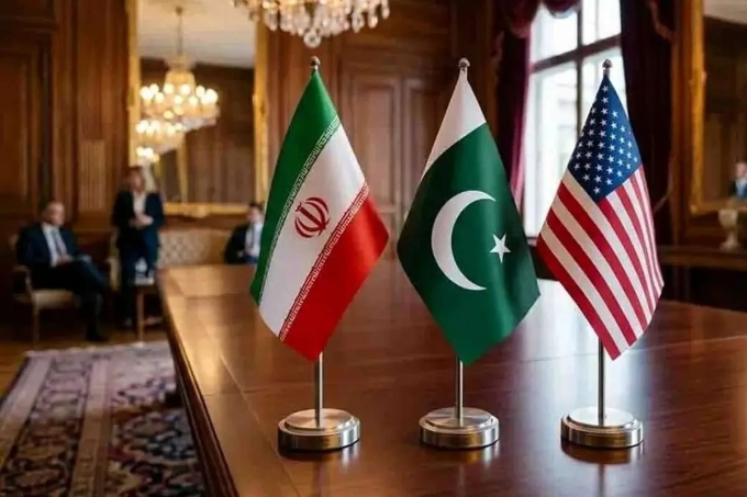 Cờ Iran, Pakistan, Mỹ tại địa điểm đàm phán ở Islamabad, Pakistan ngày 11/4. Ảnh:&nbsp;Tasnim
