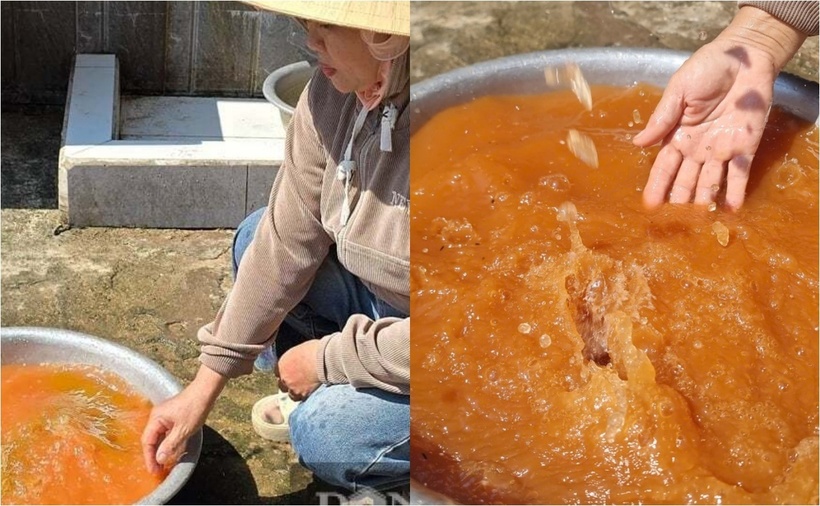 Cận cảnh cậu nước từ giếng khoan đục ngầu, nhuộm màu vàng quạch do nhiễm phèn nặng tại một hộ dân khu tái định cư thôn Nam Hiếu, xã Hiếu Giang. (Ảnh: Dân Việt, Dân trí)