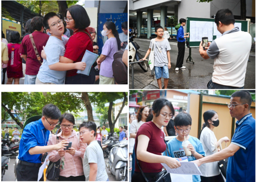 Phụ huynh đưa con tới điểm thi. Ảnh: VietNamnet