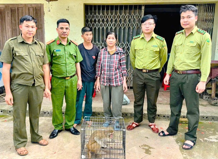 Bà Trương Thị Quang bàn giao cá thể khỉ cho lực lượng chức năng. (Ảnh: Công an tỉnh Thanh Hóa)