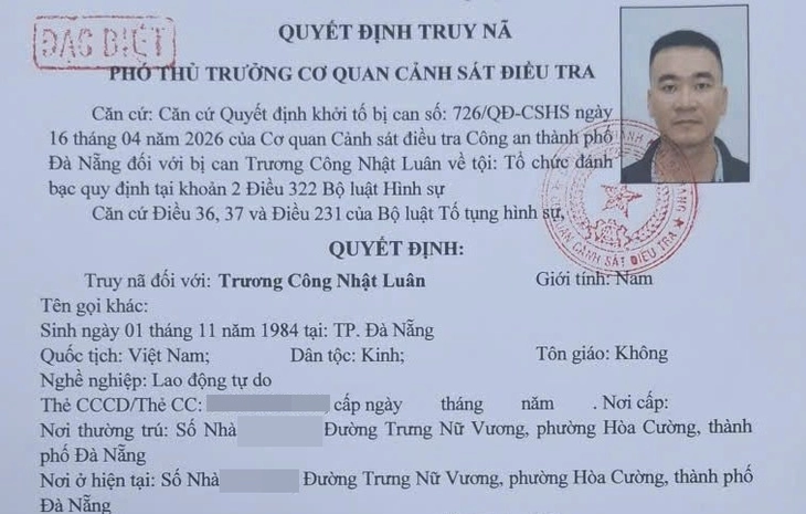Cơ quan điều tra phát lệnh truy nã đặc biệt Luân. (Ảnh: Công an TP.Đà Nẵng)