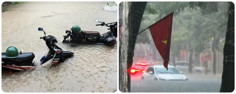 Loạt ô tô, xe máy bị ngập ngang xe. (Ảnh: VTC News)