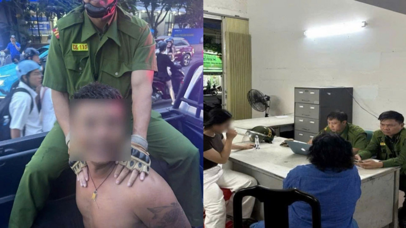 Lực lượng chức năng khống chế đưa đối tượng về trụ sở Công an phường Nha Trang. (Ảnh: Công an tỉnh Khánh Hòa)