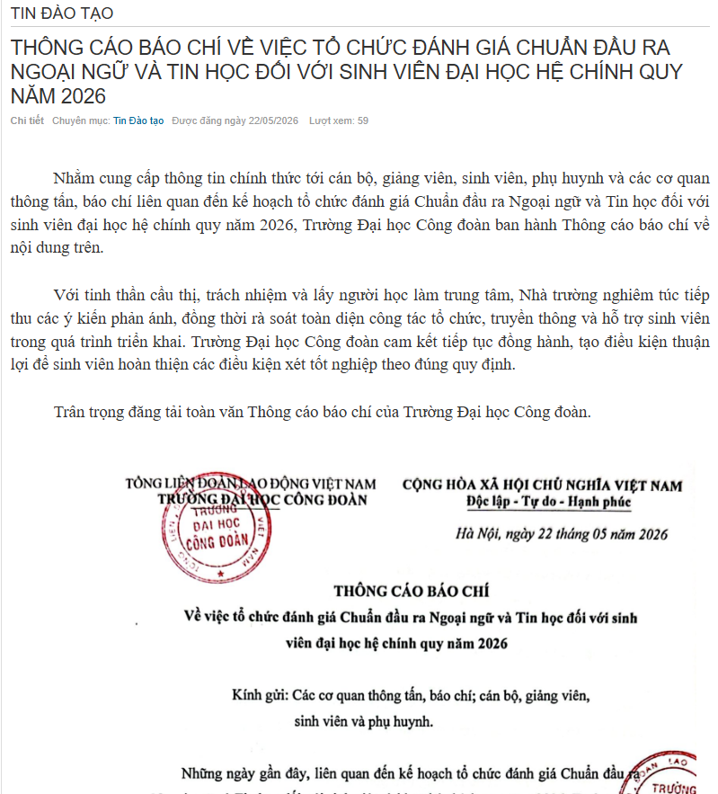 Thông cáo báo chí được đăng tải trên website chính thức của trường Đại học Công đoàn.