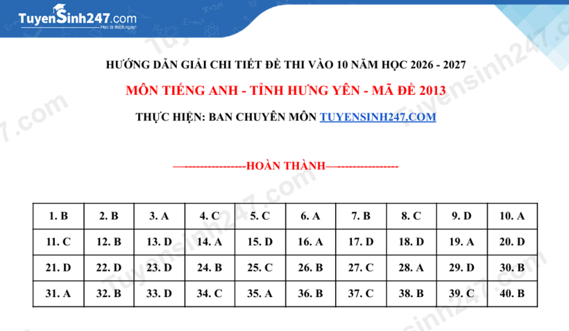 Đề thi, đáp án gợi ý môn tiếng Anh vào lớp 10 tỉnh Hưng Yên năm 2026 - 5