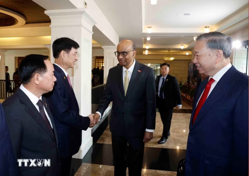 Tổng Bí thư, Chủ tịch nước Tô Lâm giới thiệu với Tổng thống Singapore Tharman Shanmugaratnam thành viên đoàn đại biểu cấp cao Việt Nam dự Lễ đón - Ảnh: TTXVN