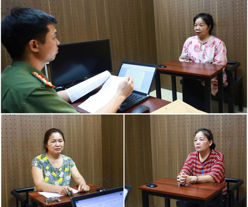 Các đối tượng Phạm Tuyết Lê (trên), Vũ Thị Chuyền (phải) và Kiều Thị Thúy Hường (trái) tại Cơ quan Công an. Ảnh: Công an tỉnh Lạng Sơn