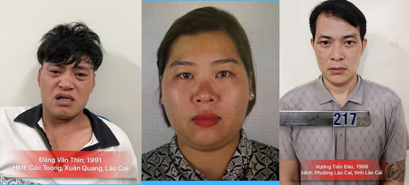 Các đối tượng Đặng Văn Thìn - Nguyễn Thị Thắm - &nbsp;Vương Tiến Đào. Ảnh Công an tỉnh Lào Cai.