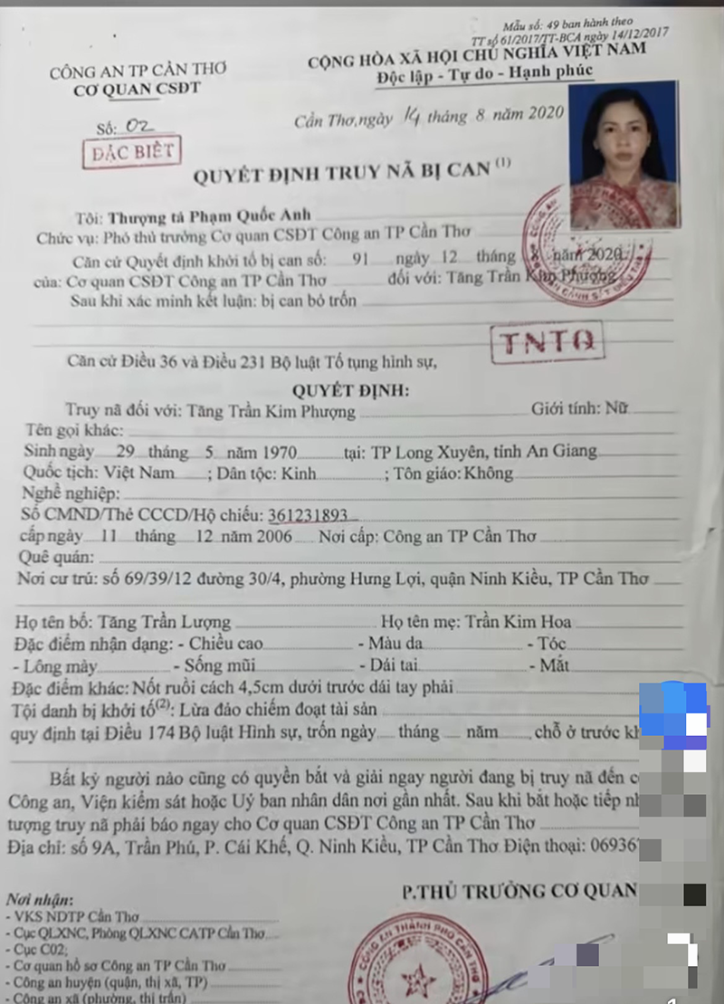 Quyết định truy nã Tăng Trần Kim Phượng. Ảnh: Công an TP.Cần Thơ