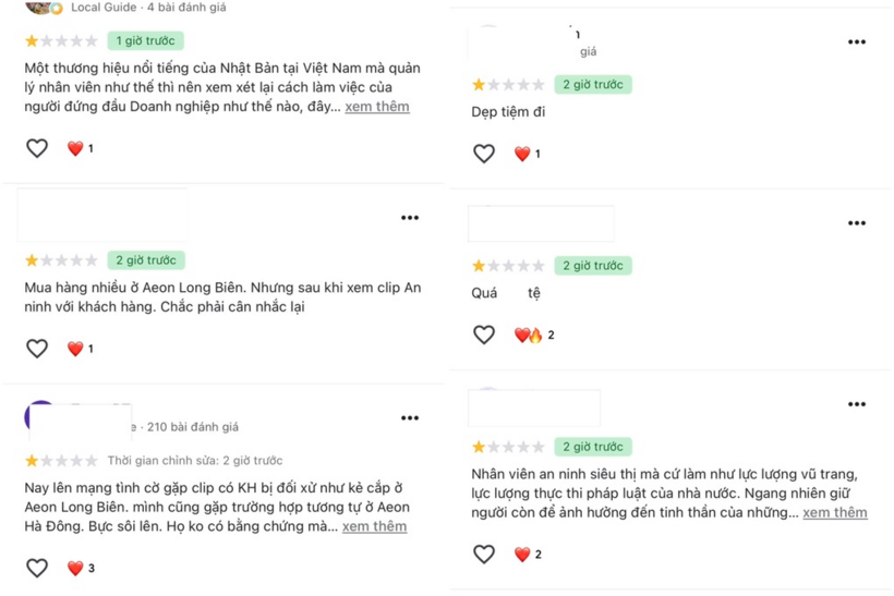 Nhiều người dùng vào đánh giá 1 sao cho Aeon Mall sau vụ việc (Ảnh: Chụp màn hình)./ Theo báo Dân trí.