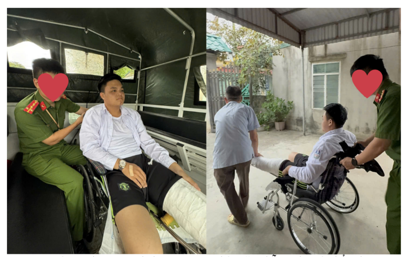 Nam sinh được hỗ trợ bằng xe của công an, hoàn thành bài thi môn Ngữ văn. Ảnh: BSCC
