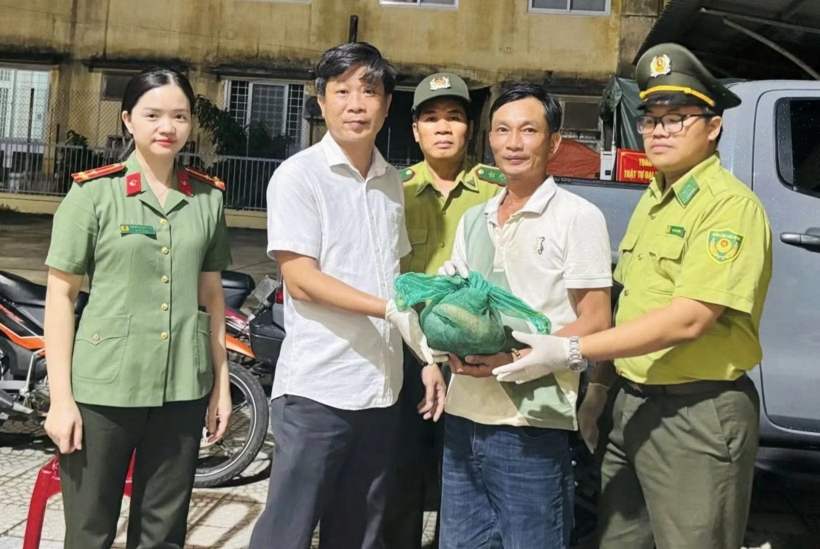 Ông Lê Thanh Tú (thứ hai từ phải sang) bàn giao cá thể tê tê quý hiếm cho cơ quan chức năng. (Ảnh: Tiền phong)