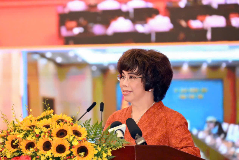 Anh hùng Lao động Thái Hương phát biểu tại Lễ phát động Phong trào thi đua "Quyết tâm thực hiện thắng lợi mục tiêu tăng trưởng bền vững "2 con số" giai đoạn 2026-2030 tại TP.HCM ngày 13/6/2026. Ảnh: &nbsp;VGP/Phương Nguyên