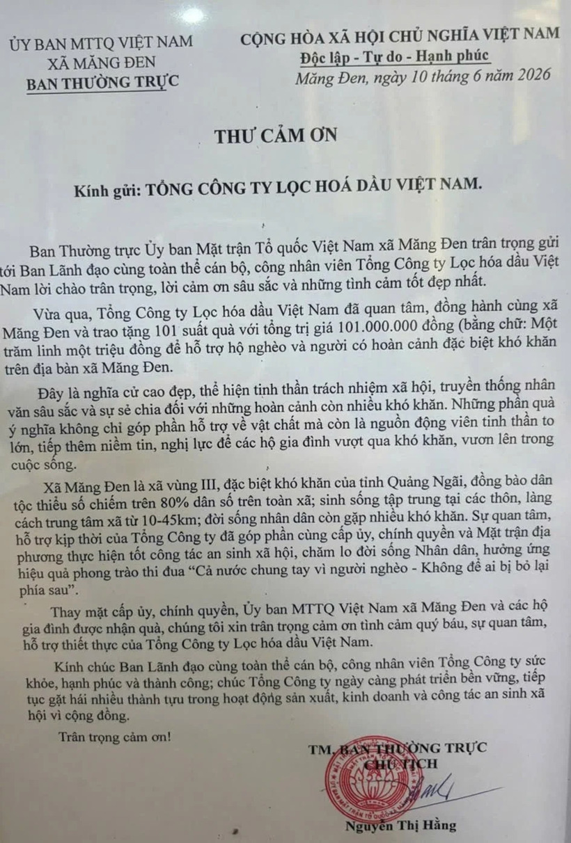 Chính quyền xã Măng Đen, tỉnh Quảng Ngãi gửi thư cảm ơn cán bộ, công nhân viên BSR đã có hoạt động an sinh xã hội ý nghĩa tại địa phương.