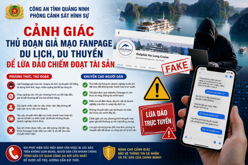 Cảnh giác thủ đoạn giả mạo Fanpage du lịch để lừa đảo chiếm đoạt tài sản. (Ảnh: Công an tỉnh Quảng Ninh)