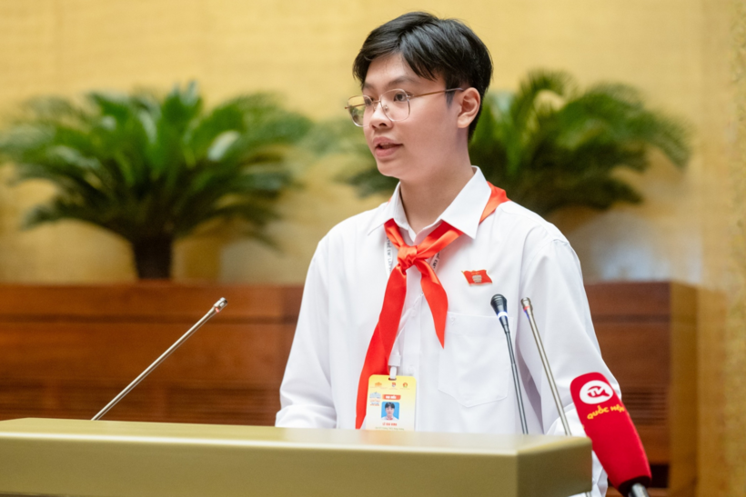 Lê Gia Vinh từng đảm nhiệm vai trò Chủ tịch Quốc hội trong phiên họp giả định Quốc hội trẻ em. Ảnh:&nbsp;Q.H