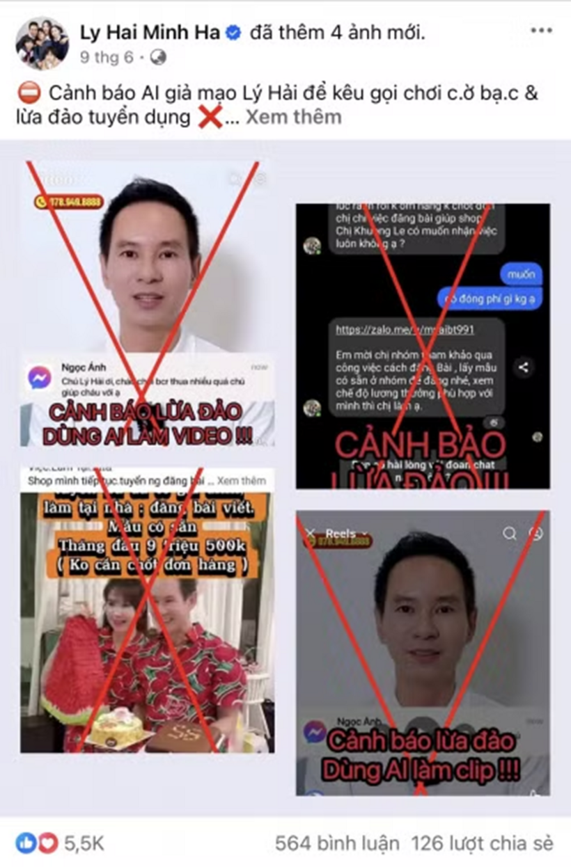 Vợ chồng đạo diễn Lý Hải từng lên tiếng cảnh báo về video giả mạo để kêu gọi chơi cờ bạc online.