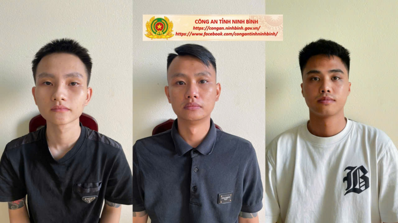 Đối tượng Phạm Duy Khánh, Phạm Duy Anh và Nguyễn Đức Vũ (từ phải sang trái). Ảnh: Công an tỉnh Ninh Bình