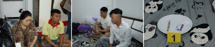 Các đối tượng sử dụng trái phép chất ma túy cùng tang vật. (Ảnh: Công an TP.Cần Thơ)