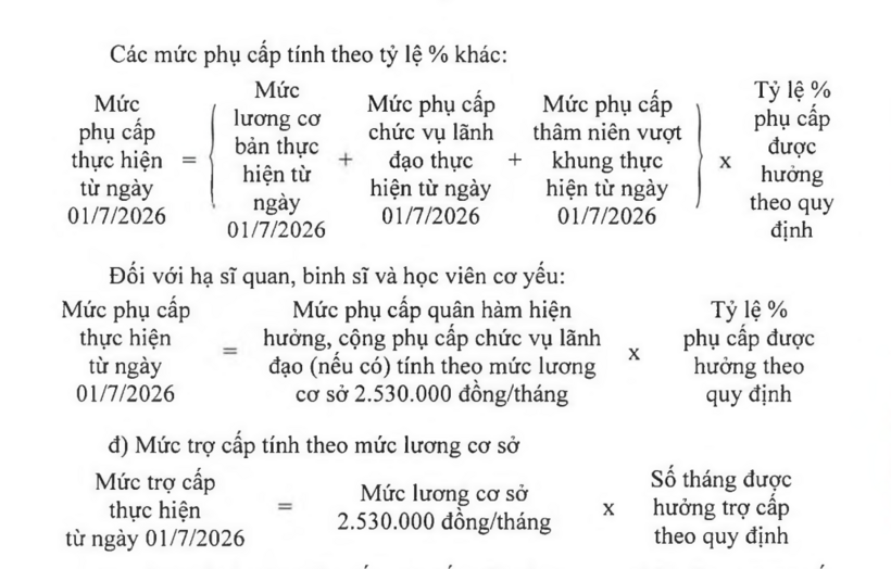 Mức lương cơ sở là 2.350.000 đồng. Cách tính mức lương, phụ cấp quân hàm và phụ cấp, trợ cấp của các đối tượng như trên./Theo VietNamNet.