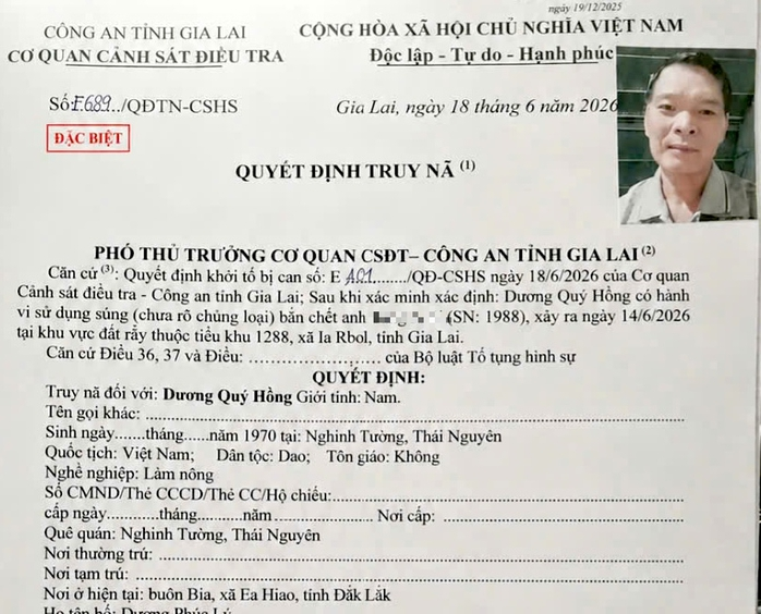 Quyết định truy nã đối với Dương Quý Hồng. (Ảnh: Công an tỉnh Gia Lai)