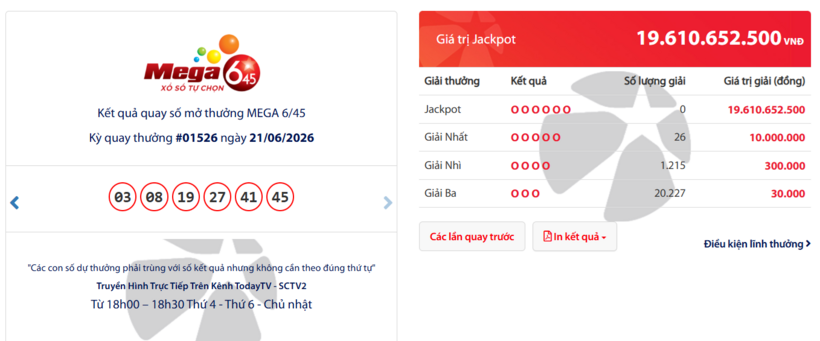 Vietlott 24/6 - Kết quả xổ số Vietlott ngày 24/6/2026 - Kết quả xổ số Mega 6/45 - 1