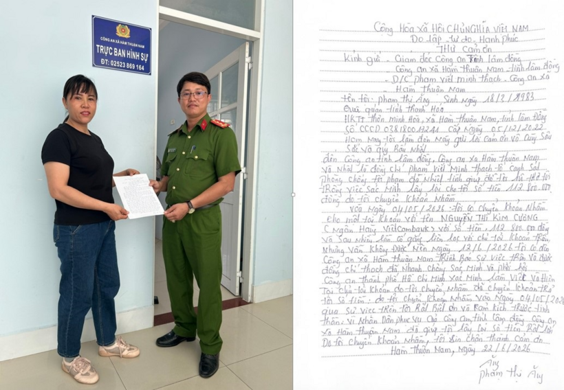 Chị Phạm Thị Ăng gửi thư cảm ơn lực lượng Công an xã Hàm Thuận Nam. (Ảnh: Công an tỉnh Lâm Đồng)