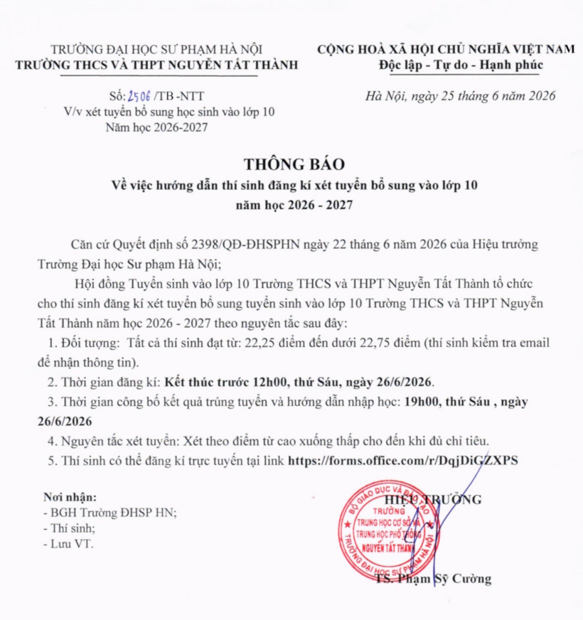 Trường THCS và THPT Nguyễn Tất Thành, thuộc Trường Đại học Sư phạm Hà Nội thông báo đăng ký xét tuyển bổ sung vào lớp 10 năm học 2026-2027.