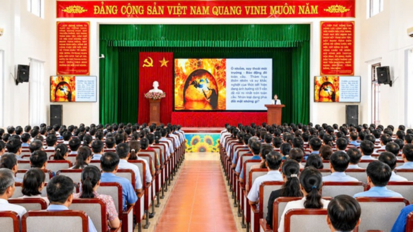Bà Nguyễn Thị Mai - Chủ tịch Hội Luật gia Tp.Hải Phòng truyền đạt chuyên đề Luật Môi trường cho cán bộ và nhân dân phường Lê Thanh Nghị.