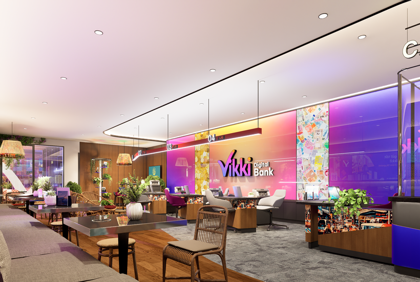 Thiết kế khu vực “Điểm hẹn Tài chính - Cafe in Bank” kết hợp giữa ngân hàng số, không gian giao dịch thông minh và café kết nối cộng đồng của Vikki Digital Bank