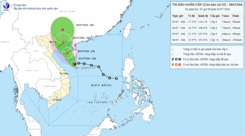 Bão số 1 có tên quốc tế MAYSAK vừa hình thành, dự báo di chuyển theo hướng Tây hướng vào ven biển Quảng Ninh- Hải Phòng, gây mưa lớn diện rộng ở Bắc Bộ. Ảnh: Trung tâm Dự báo Khí tượng Thủy văn Quốc gia