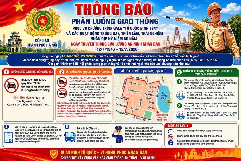 Công an TP Hà Nội phân luồng giao thông phục vụ Gala "Tổ quốc bình yên" và chuỗi hoạt động kỷ niệm 80 năm Ngày truyền thống lực lượng An ninh nhân dân.