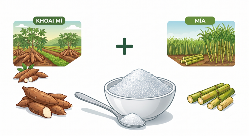 Mì chính được sản xuất trực tiếp tại Việt Nam thường dùng các nguyên liệu tự nhiên như khoai mì, mía.