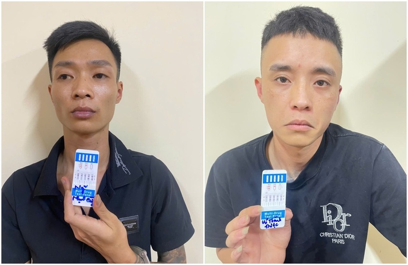 Đối tượng Vũ Thành Được và Nguyễn Mạnh Cường khi bị Cơ quan Công an bắt giữ và tiến hành test nhanh ma túy