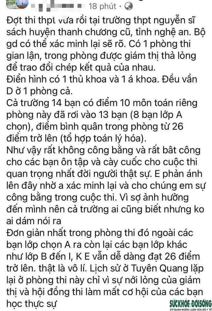 Thông tin phản ánh về phòng thi được lan truyền trên mạng xã hội. (Ảnh: SK&ĐS)