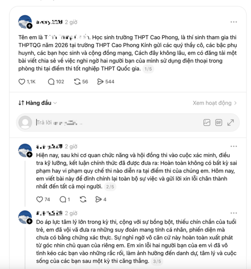 Em C. (chủ tài khoản Threads) đăng bài xin lỗi công khai tới cộng đồng mạng, thầy cô cũng như bạn học. Ảnh: Tuổi trẻ Online