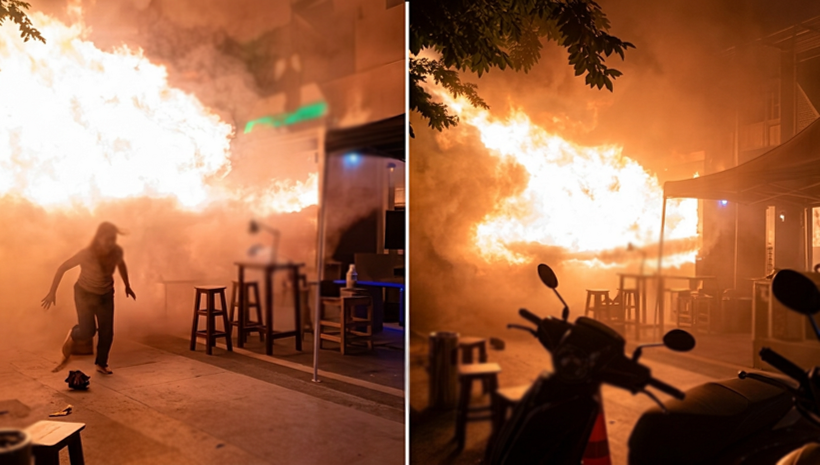Ảnh chụp video được cho là ghi lại vụ cháy quán Rong Beer Na Lat Phrao ở quận Chatuchak của Bangkok.&nbsp; Ảnh: TIMES NOW/Ảnh chụp màn hình
