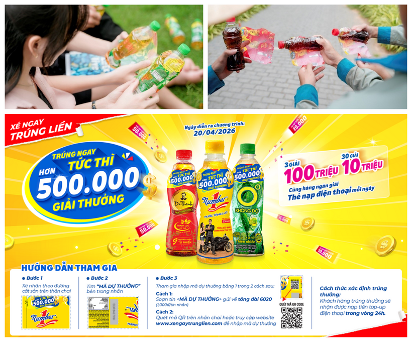 Chọn các sản phẩm Trà Dr Thanh, Trà Xanh Không Độ và Nước tăng lực Number 1 có thông tin khuyến mãi, xé nhãn lấy mã và tham gia chương trình "Xé ngay trúng liền",&nbsp; người tiêu dùng có cơ hội nhận gần 150.000 giải thưởng thẻ nạp điện thoại còn lại cùng 2 giải Đặc biệt, mỗi giải trị giá 100 triệu đồng tiền mặt trong hè này.