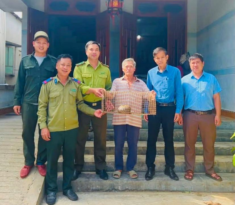 Ông Mười bàn giao cá thể tê tê cho lực lượng chức năng. (Ảnh: Công an TP.Đà Nẵng)
