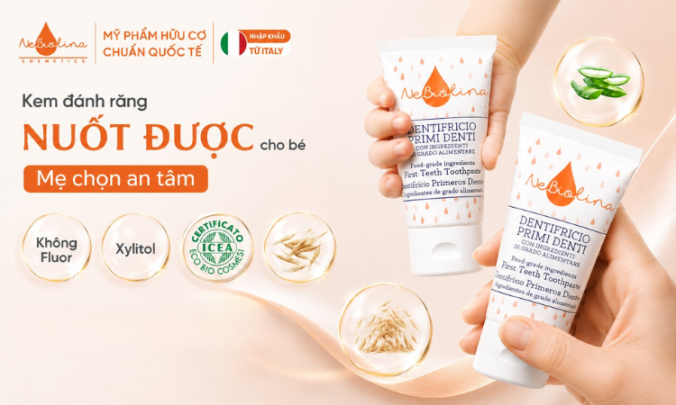 Kem đánh răng nuốt được cho bé NeBiolina phù hợp cho trẻ đang mọc răng sữa