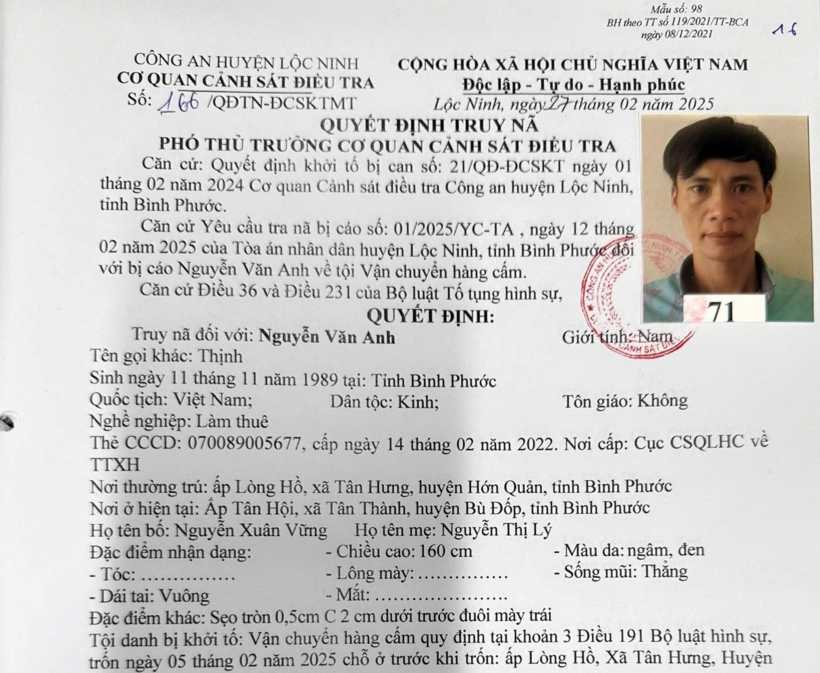 Quyết định truy nã Nguyễn Văn Anh. (Ảnh: Công an TP.Đồng Nai)