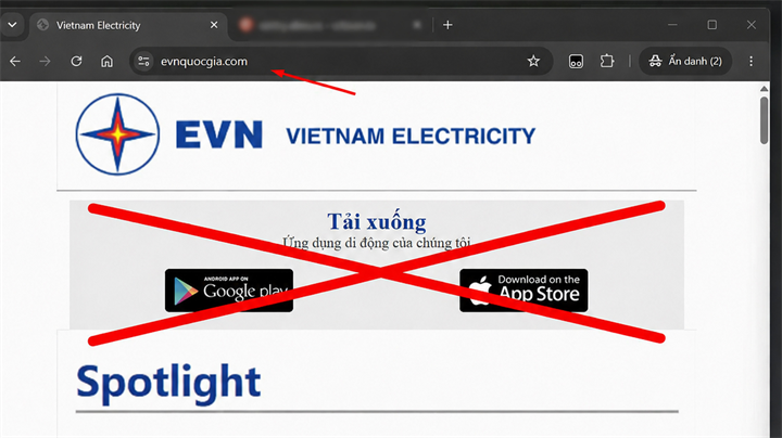 Trang web mạo danh&nbsp;thương hiệu EVN nhằm lừa khách hàng tải và cài đặt ứng dụng giả mạo mang tên “CSKH EVNSPC”