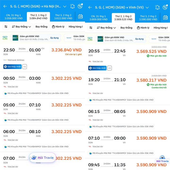 Một số khung giờ bay giá thấp nhất đi các tỉnh, thành cao điểm Tết 2027 thường khởi hành rất sớm hoặc rất muộn (Ảnh: Chụp màn hình).