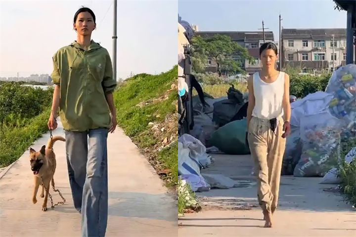 Nữ công nhân thu gom rác gây sốt mạng xã hội vì nhan sắc nổi bật, cao hơn 1,8m. Ảnh: Baidu