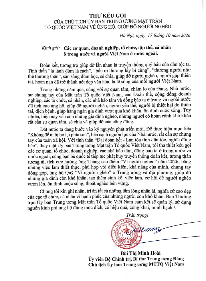 Chủ tịch Ủy ban Trung ương MTTQ Việt Nam Bùi Thị Minh Hoài gửi thư kêu gọi ủng hộ, giúp đỡ người nghèo.