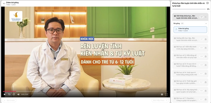 Giao diện bài học trực quan trên IMHC+ giúp phụ huynh dễ dàng theo dõi, nhận diện vấn đề và áp dụng ngay vào thực tế gia đình. (Ảnh: Vinmec)