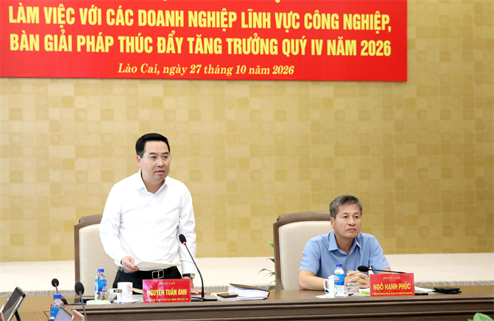 Đồng chí Chủ tịch UBND tỉnh Nguyễn Tuấn Anh phát biểu kết luận buổi làm việc. Ảnh: Cổng TTĐT tỉnh Lào Cai.
