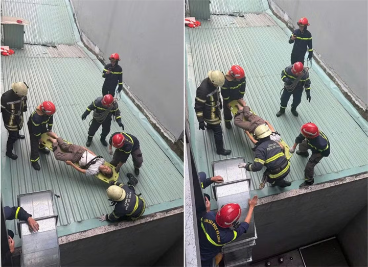 Lực lượng chức năng tại TP.HCM kịp thời cứu người đàn ông bị điện giật rơi từ sân thượng xuống mái tôn. ẢNH: CÔNG AN CUNG CẤP