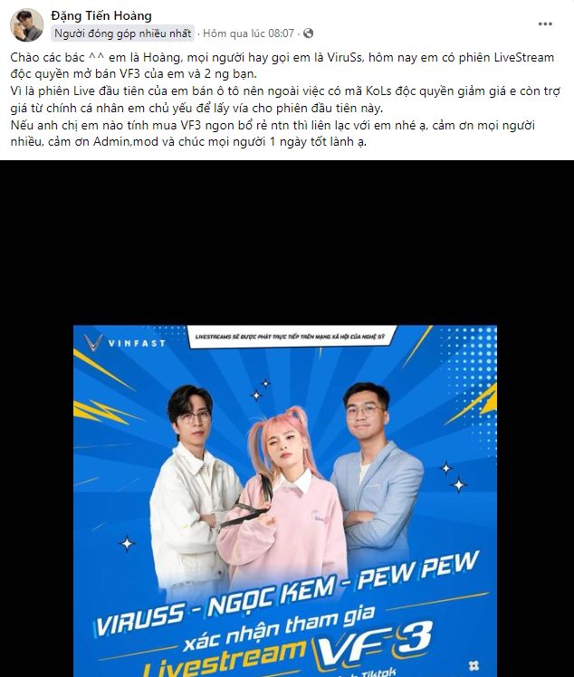 ViruSs tuyên bố livestream bán VinFast VF 3 vì đam mê, số lượng xe đã bán gây bất ngờ! - Ảnh 4. ViruSs tuyên bố livestream bán VinFast VF 3 vì đam mê, số lượng xe đã bán gây bất ngờ! - Ảnh 4.
